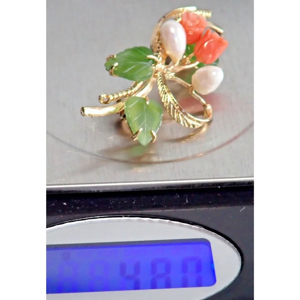 Pink Coral Pearls & Green Jade Leaves Brooch Floral Spray Faux Fashion VTG Pin